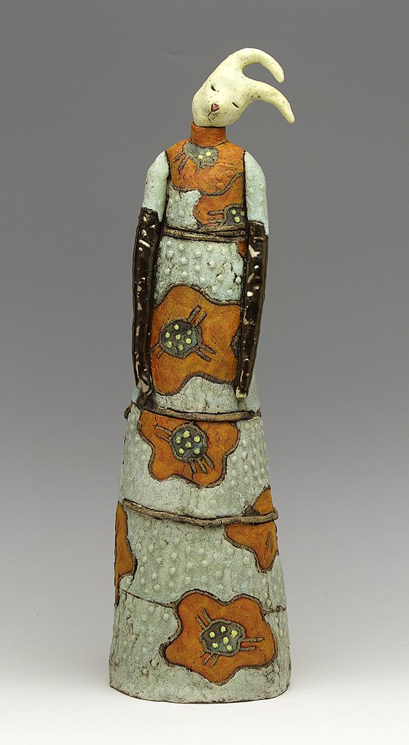 ceramic sculpture Sara Swink rabbit flowers golden gloves