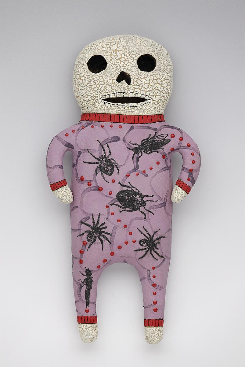 clay ceramic pottery figure skeleton skull red pajamas spider by sara swink