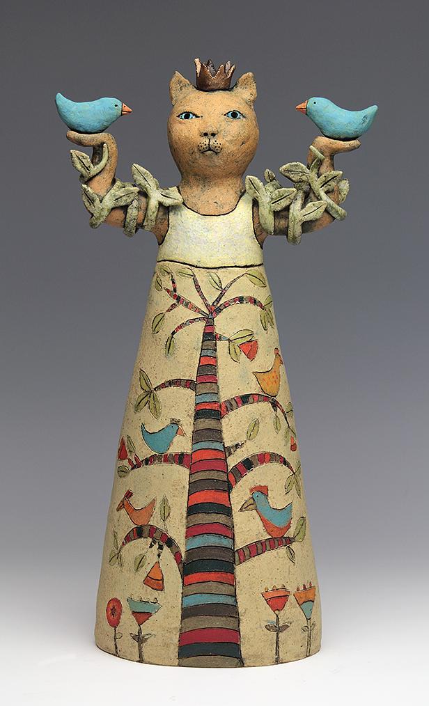 ceramic figure cat bird by Sara Swink