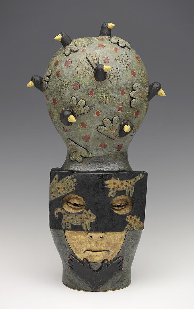 ceramic Sara Swink figure head crow bird tree