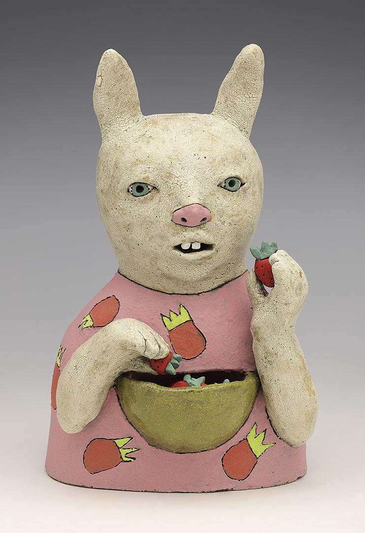 clay ceramic pottery figure rabbit hare bunny strawberry bowl by sara swink