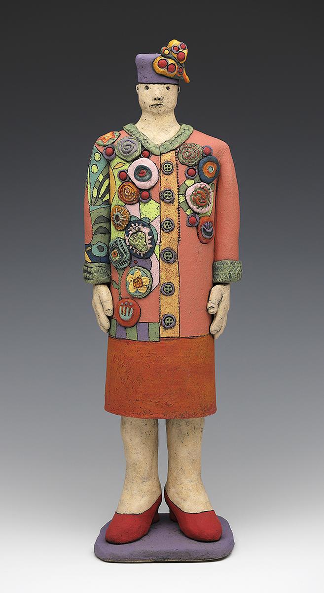 ceramic figure woman coat jacket hat heels by Sara Swink