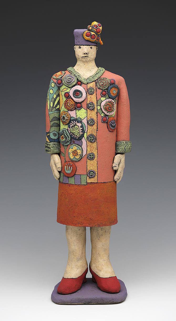 ceramic figure woman coat jacket hat heels by Sara Swink