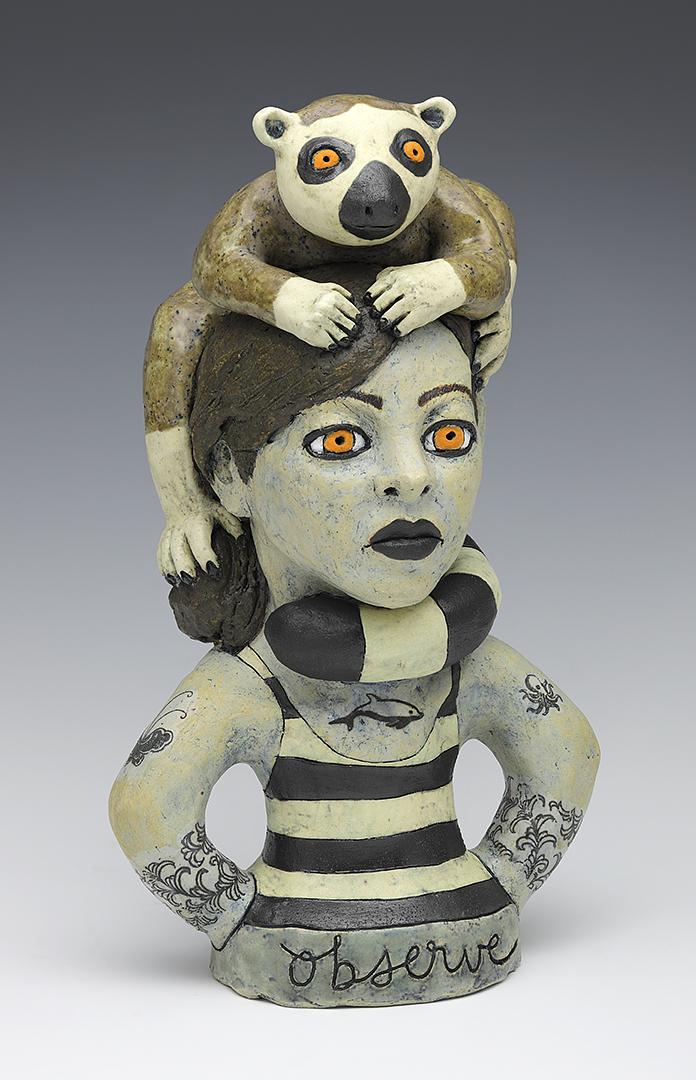ceramic Sara Swink figure head lemur eyes stripes dolphin spider tattoo
