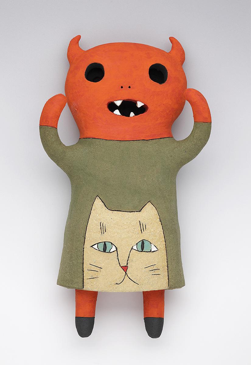 clay ceramic pottery figure cat devil red teeth by sara swink