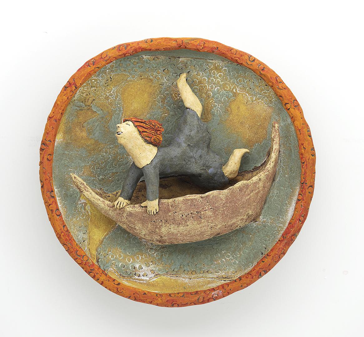 ceramic figure boat wall piece clay sail by Sara Swink