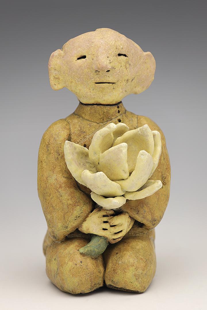 clay ceramic pottery figure monk lotus flower offering  by sara swink