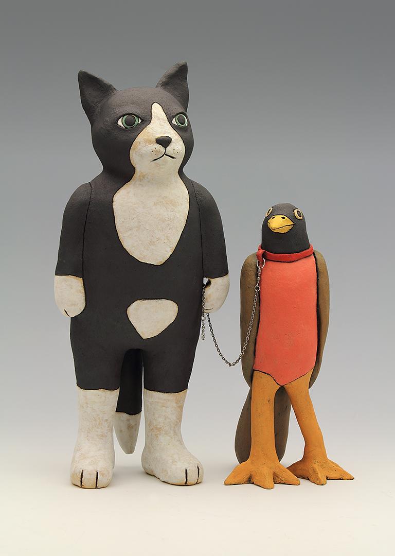 ceramic figure cat bird by Sara Swink