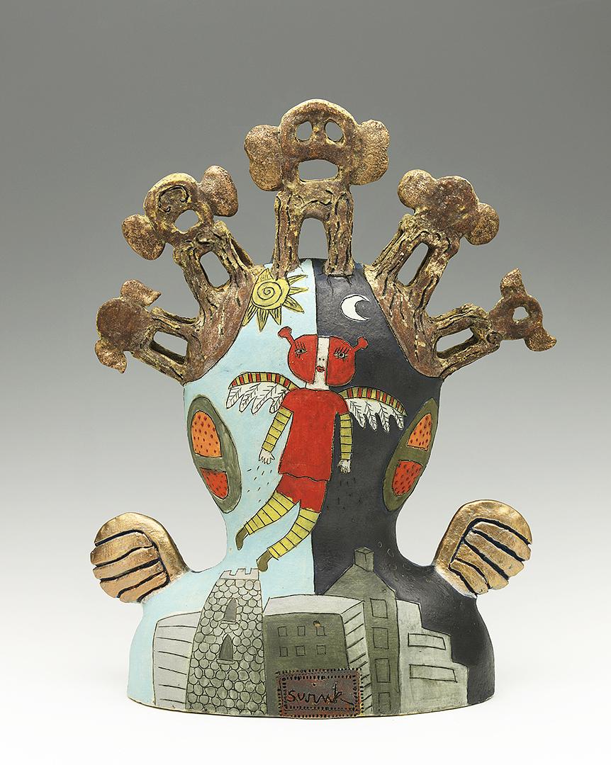 Ceramic figure palmistry chair wings, angel skyline cityscape moon sun ox by Sara Swink