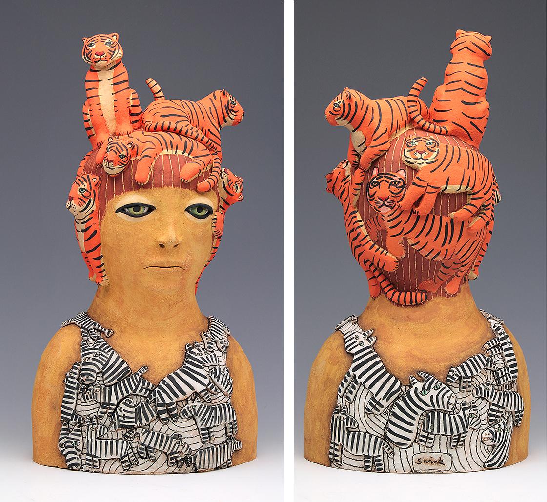 ceramic sculpture tiger zebra sara swink human figure