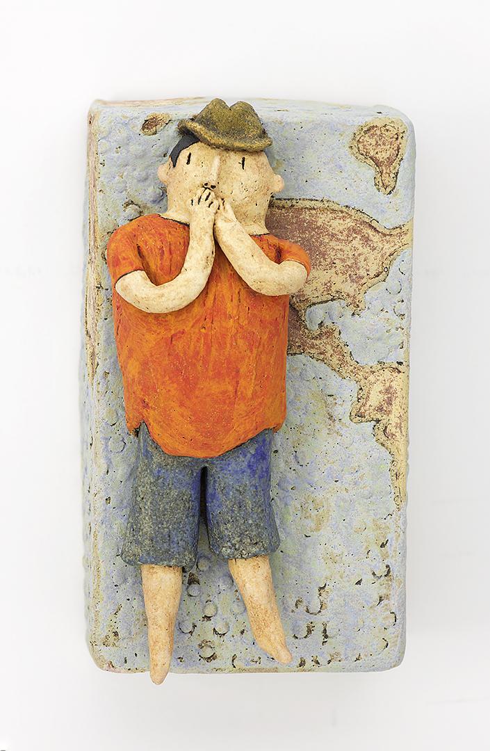 ceramic figure clay earth world map hat by Sara Swink