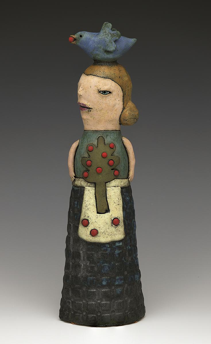 ceramic sculpture Sara Swink bird tree apple tree apron pottery clay