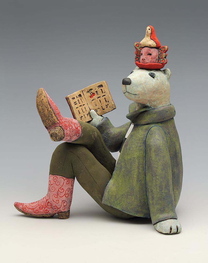 ceramic figure bear storyteller hieroglyphics cowboy boots by Sara Swink