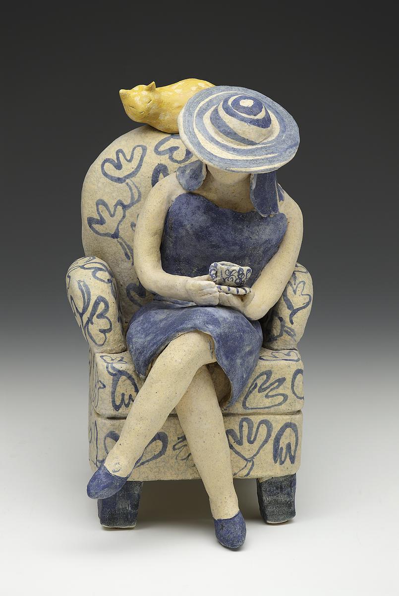 chair, cat, tea, tea time, cobalt, big hat