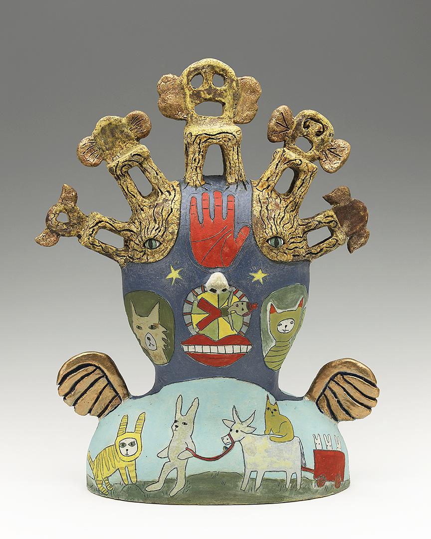 ceramic figure palmistry chair wings, wheel of fortune ox by Sara Swink