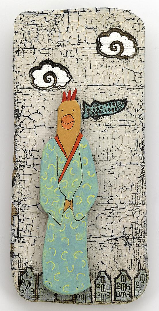 ceramic wall piece bird fish cloud crackle Sara Swink