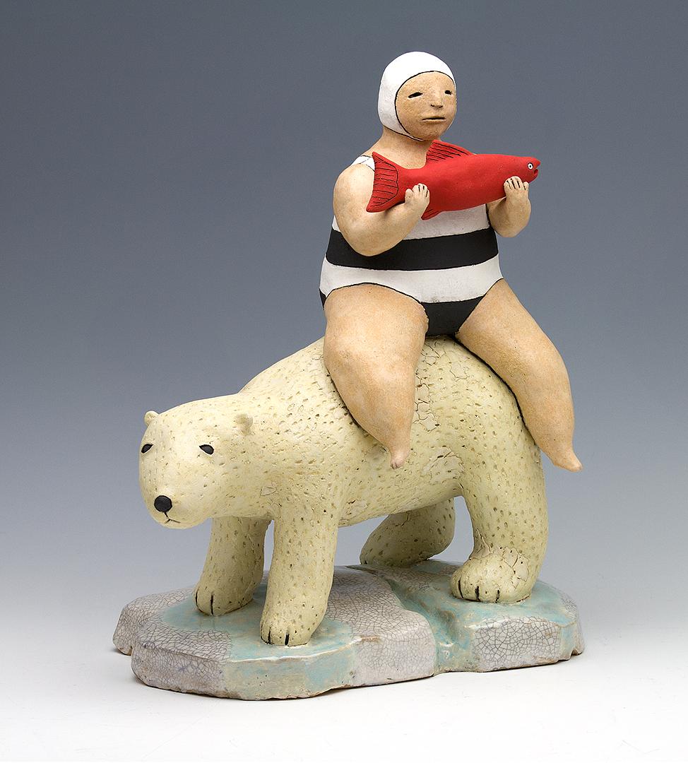 ceramic figure polar bear salmon bather swimmer stripes by Sara Swink