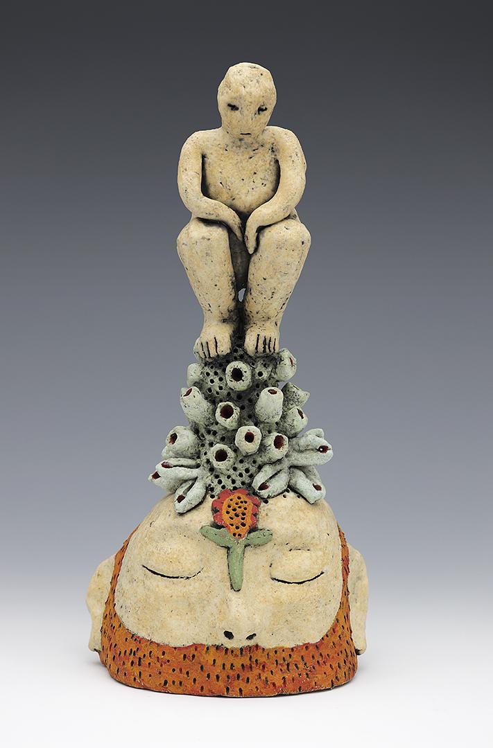 ceramic figure clay head flower beard by Sara Swink