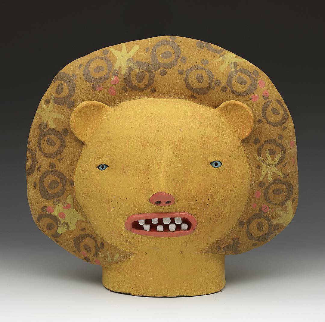 ceramic figure clay head lion stamp teeth by Sara Swink