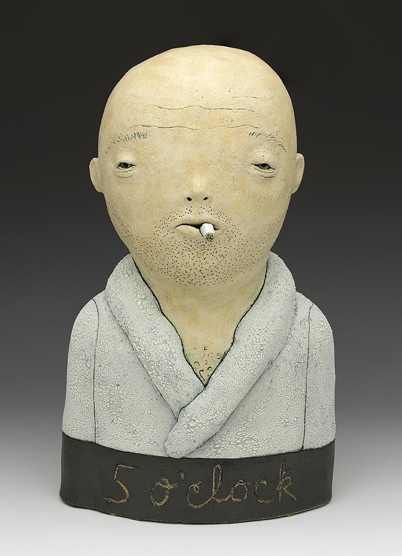ceramic figure clay head cigarette shadow robe chest hair by Sara Swink