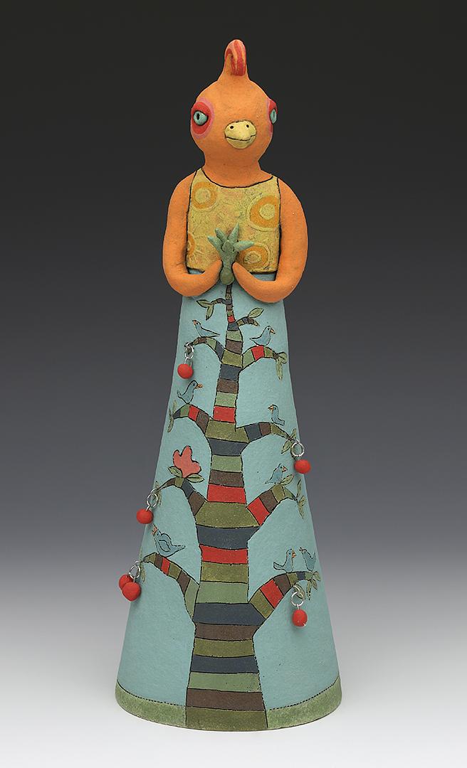 ceramic bird chicken tree sun flower stripes by Sara Swink